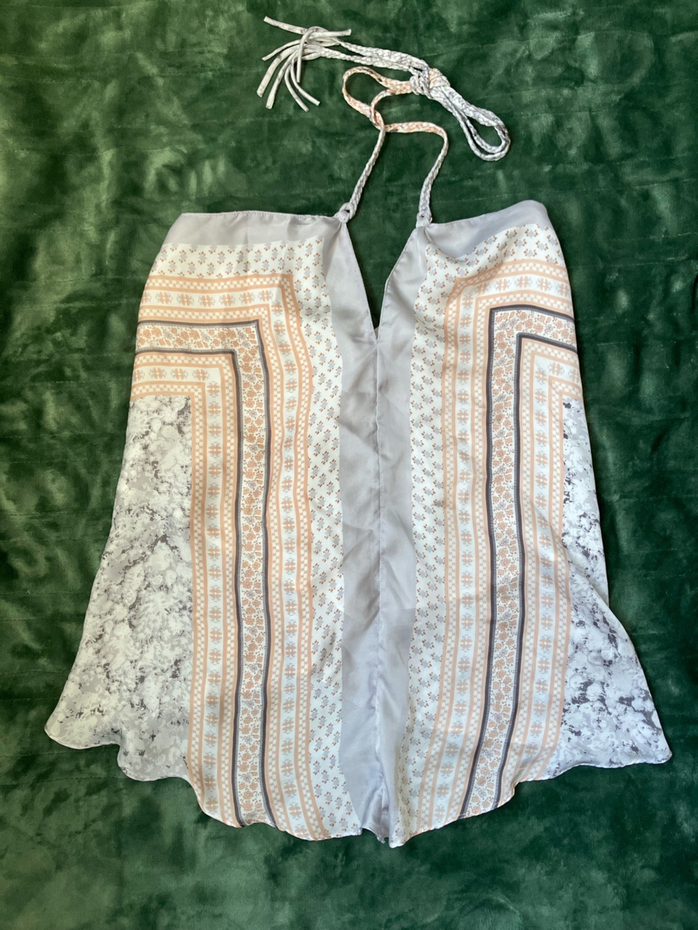 V-Neck Silky Printed Blouse in Peach & Gray